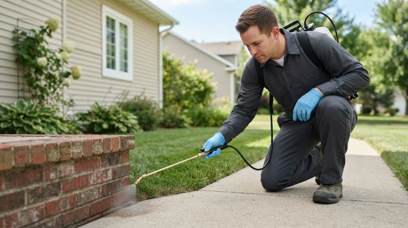 Pest control technician treating a home near Highland Park, MI