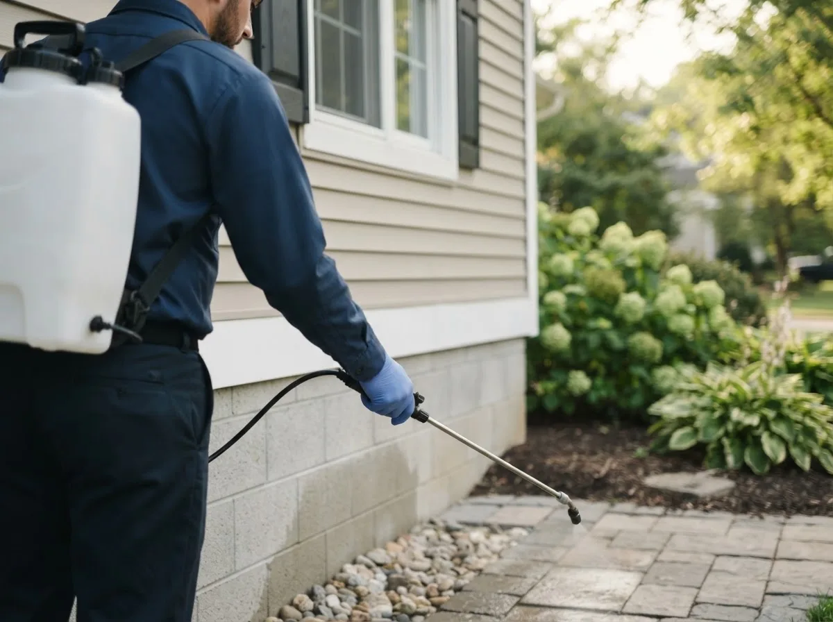 Pest control technician inspecting a home in Highland Park, MI